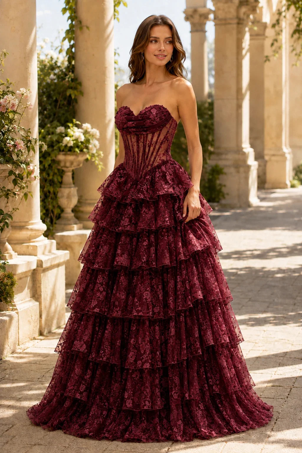Valentina Strapless Tiered Floral Ball Gown Prom Dress