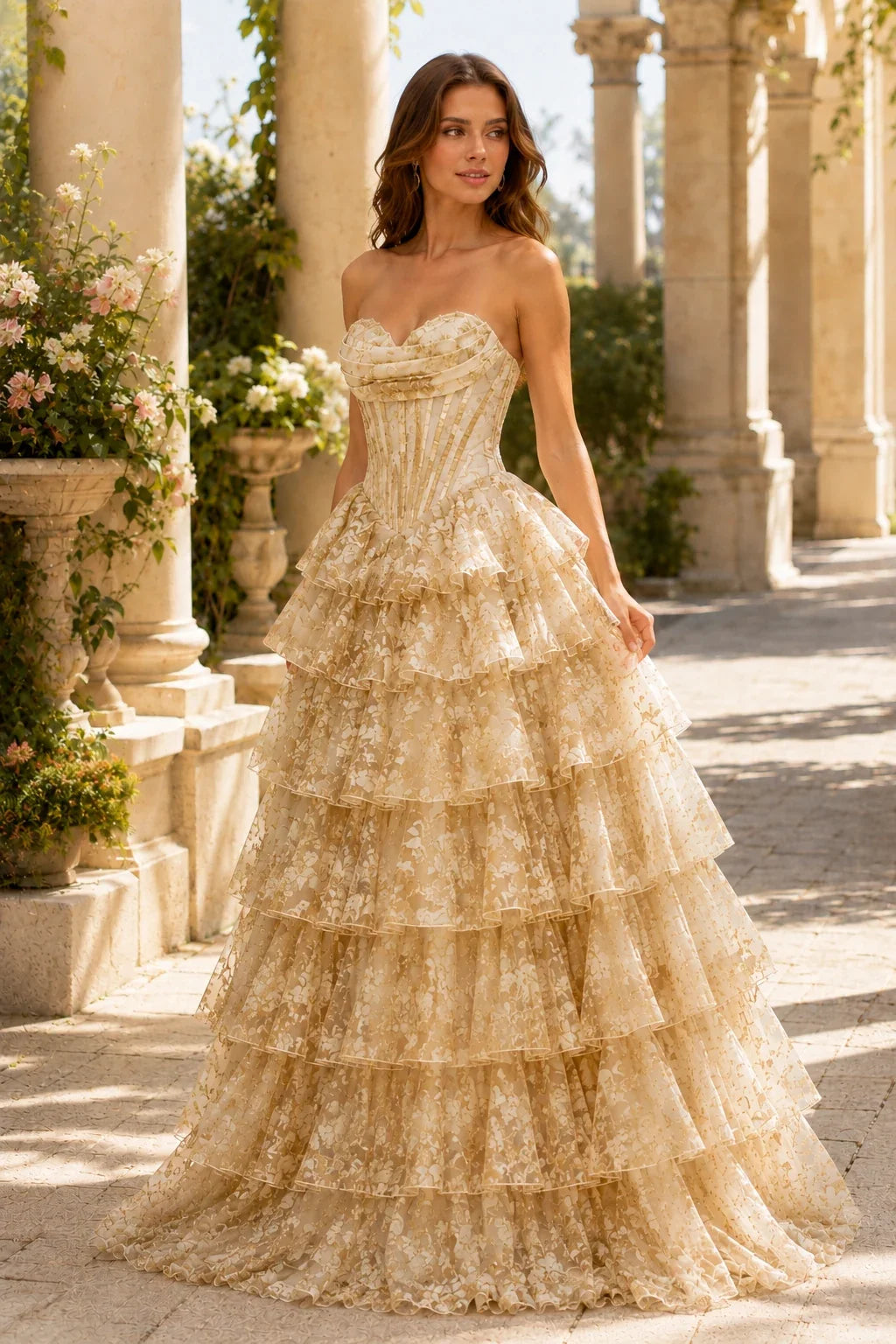 Valentina Strapless Tiered Floral Ball Gown Prom Dress