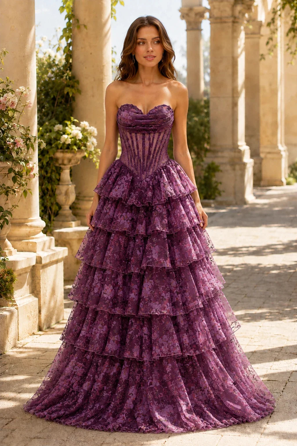 Valentina Strapless Tiered Floral Ball Gown Prom Dress