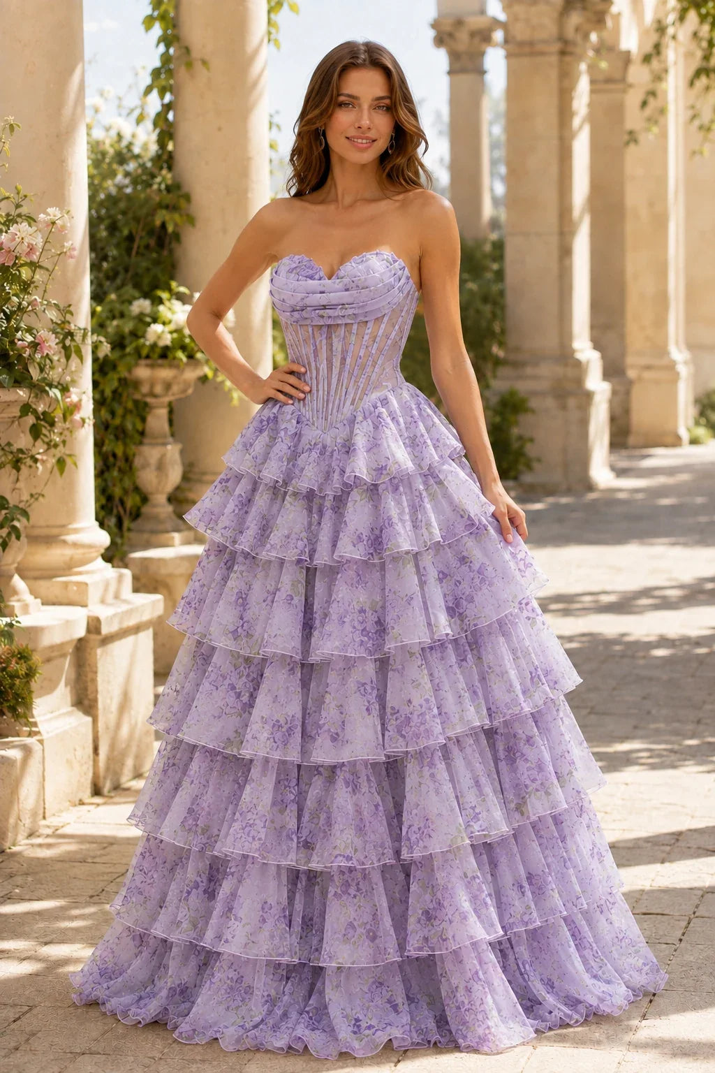 Valentina Strapless Tiered Floral Ball Gown Prom Dress