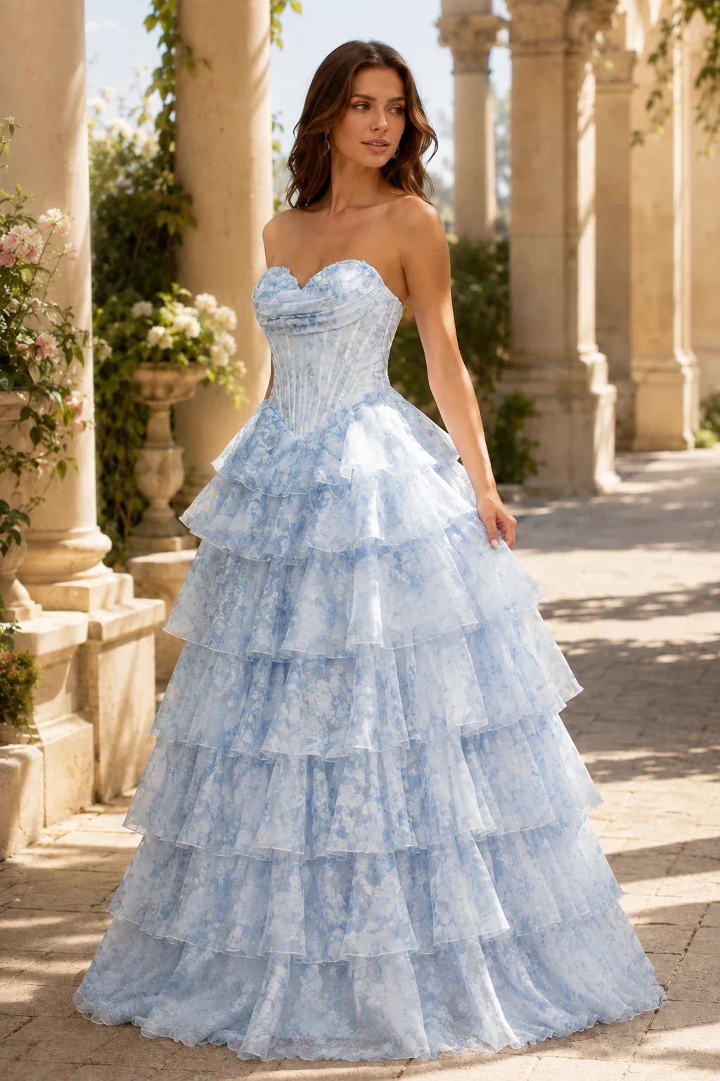 Valentina Strapless Tiered Floral Ball Gown Prom Dress
