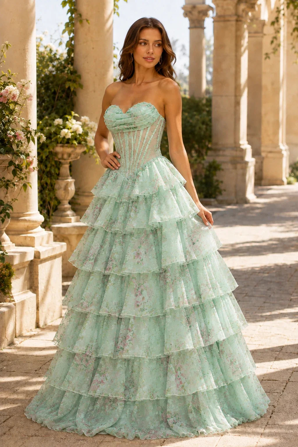 Valentina Strapless Tiered Floral Ball Gown Prom Dress