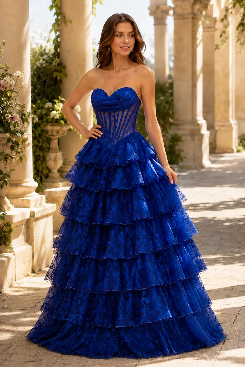 Valentina Strapless Tiered Floral Ball Gown Prom Dress