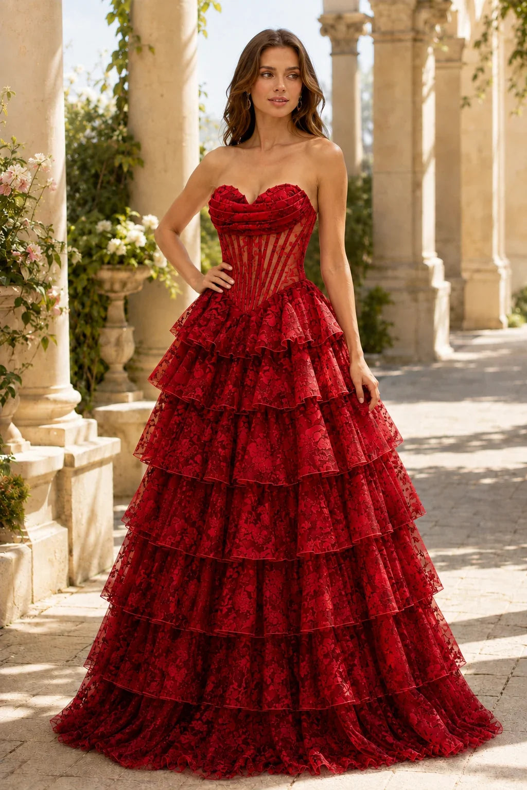 Valentina Strapless Tiered Floral Ball Gown Prom Dress