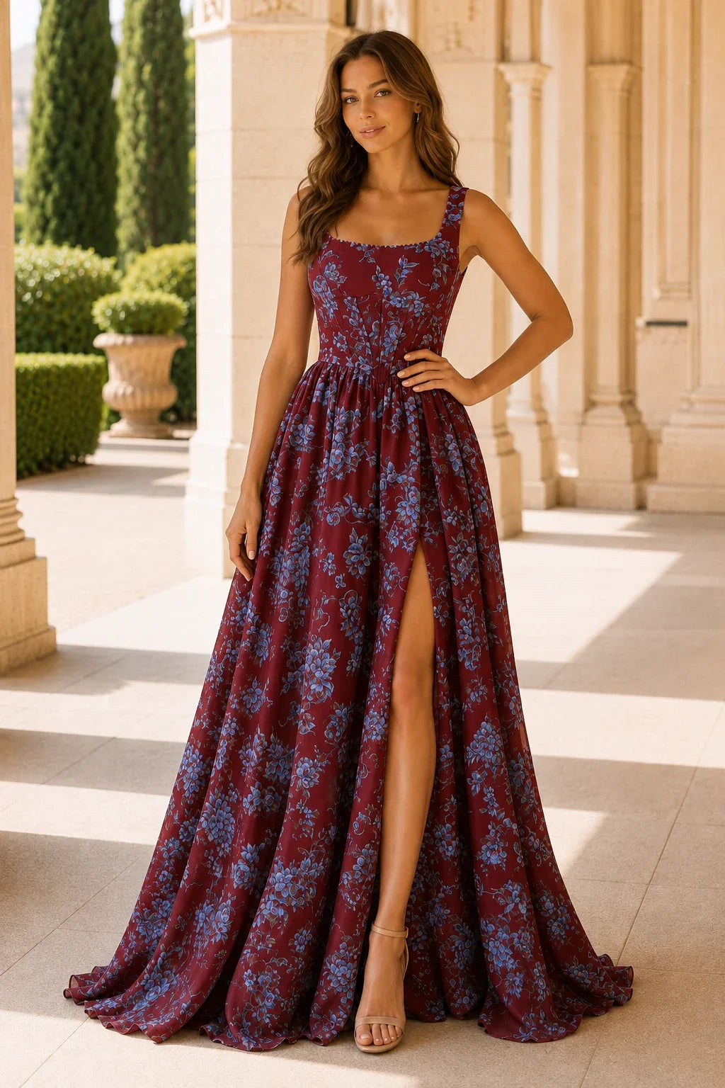 Odessa Spaghetti-Strap Floral A-Line Prom Dress with Slit