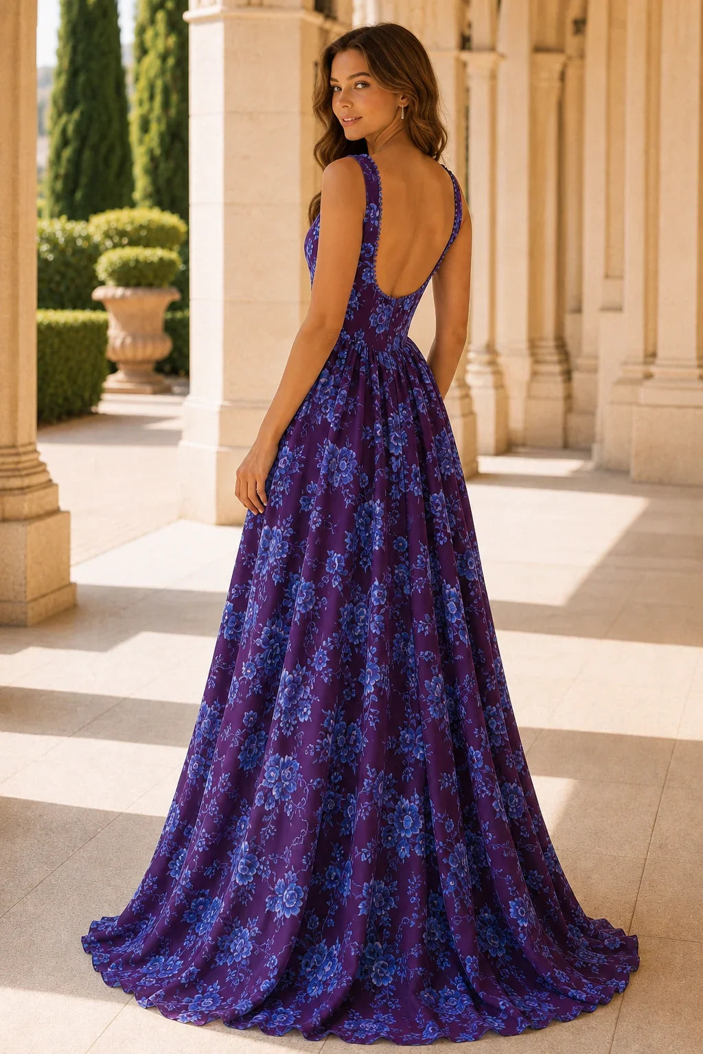 Odessa Spaghetti-Strap Floral A-Line Prom Dress with Slit