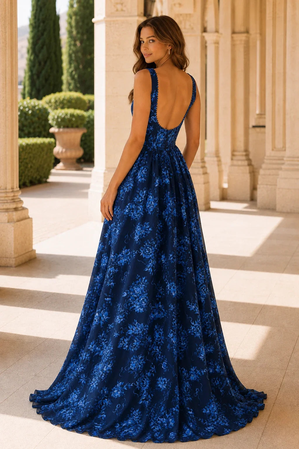 Odessa Spaghetti-Strap Floral A-Line Prom Dress with Slit