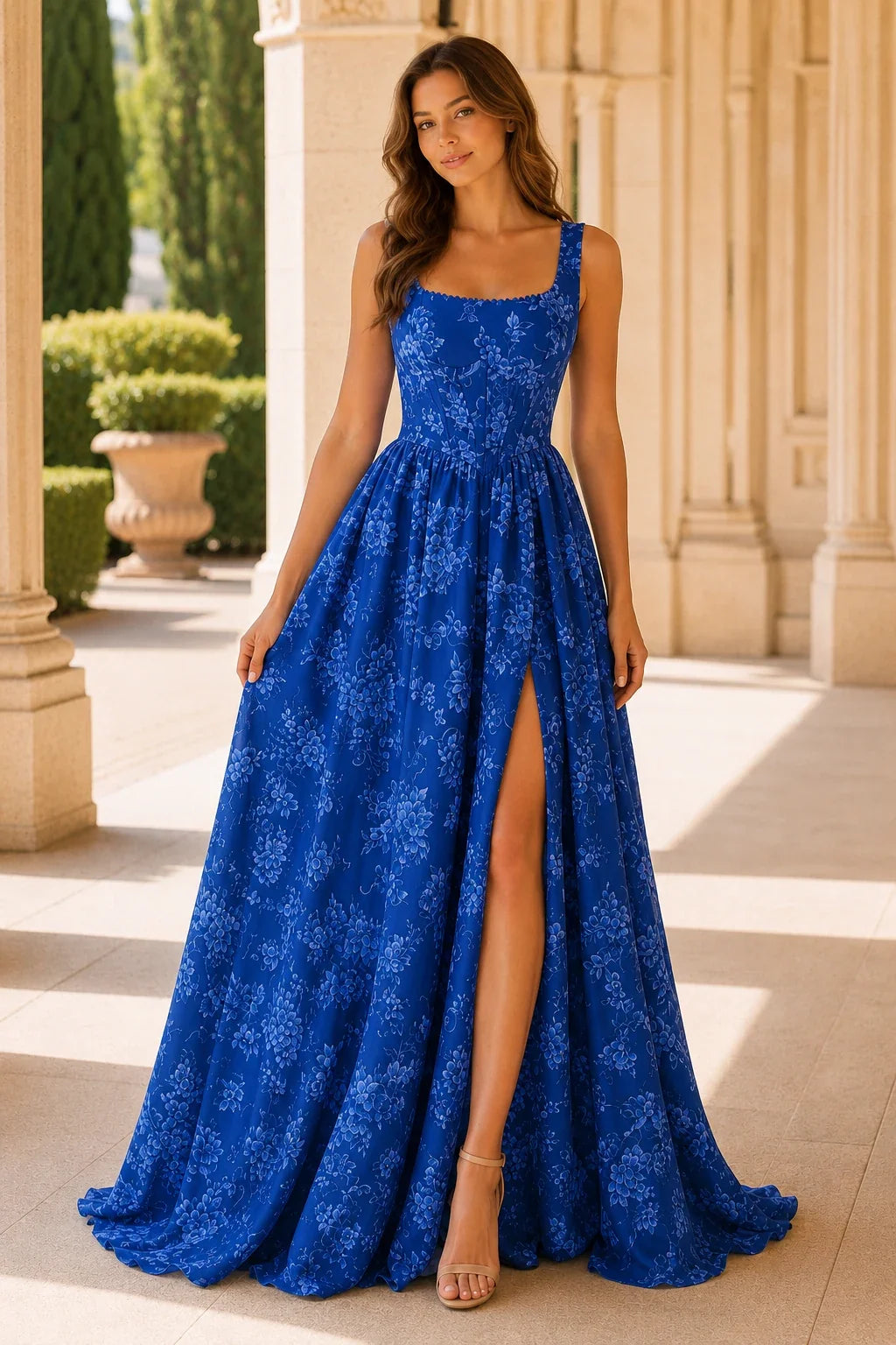 Odessa Spaghetti-Strap Floral A-Line Prom Dress with Slit