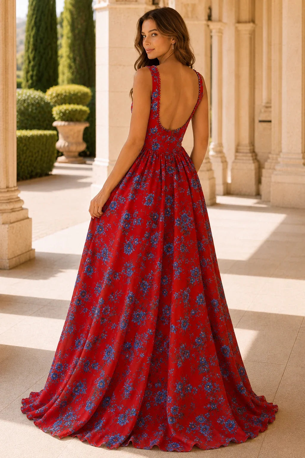 Odessa Spaghetti-Strap Floral A-Line Prom Dress with Slit