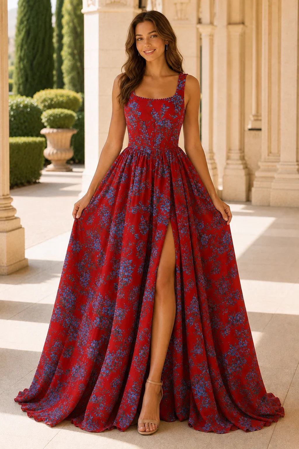 Odessa Spaghetti-Strap Floral A-Line Prom Dress with Slit