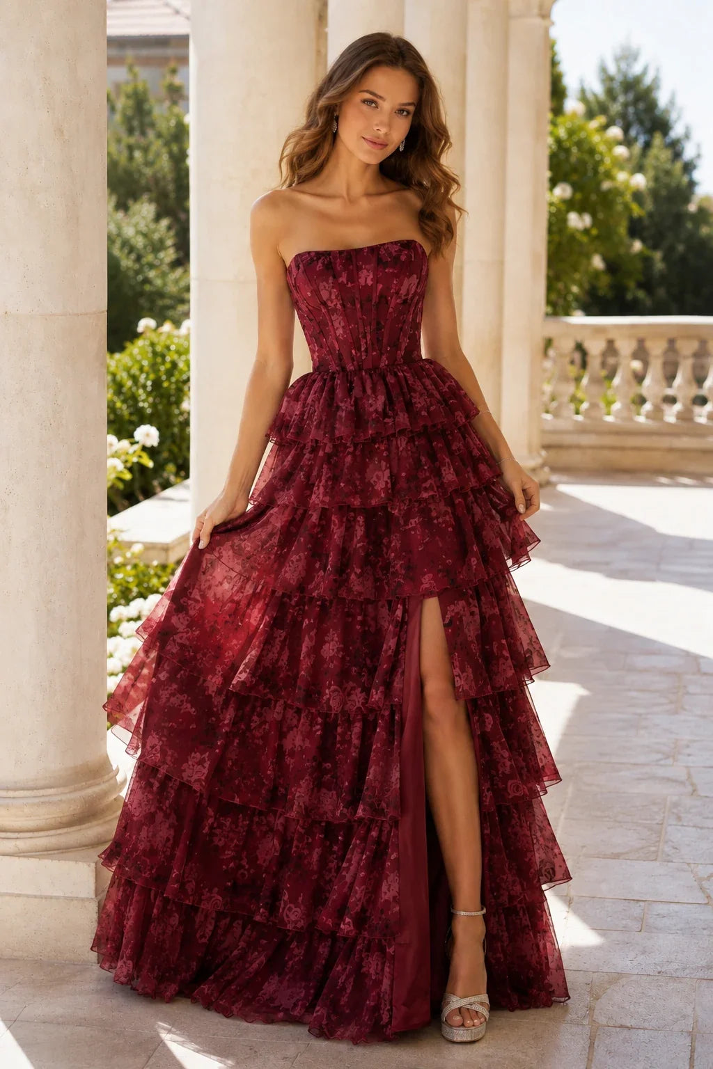 Alessandra Strapless Tiered Ruffle Prom Dress with Slit