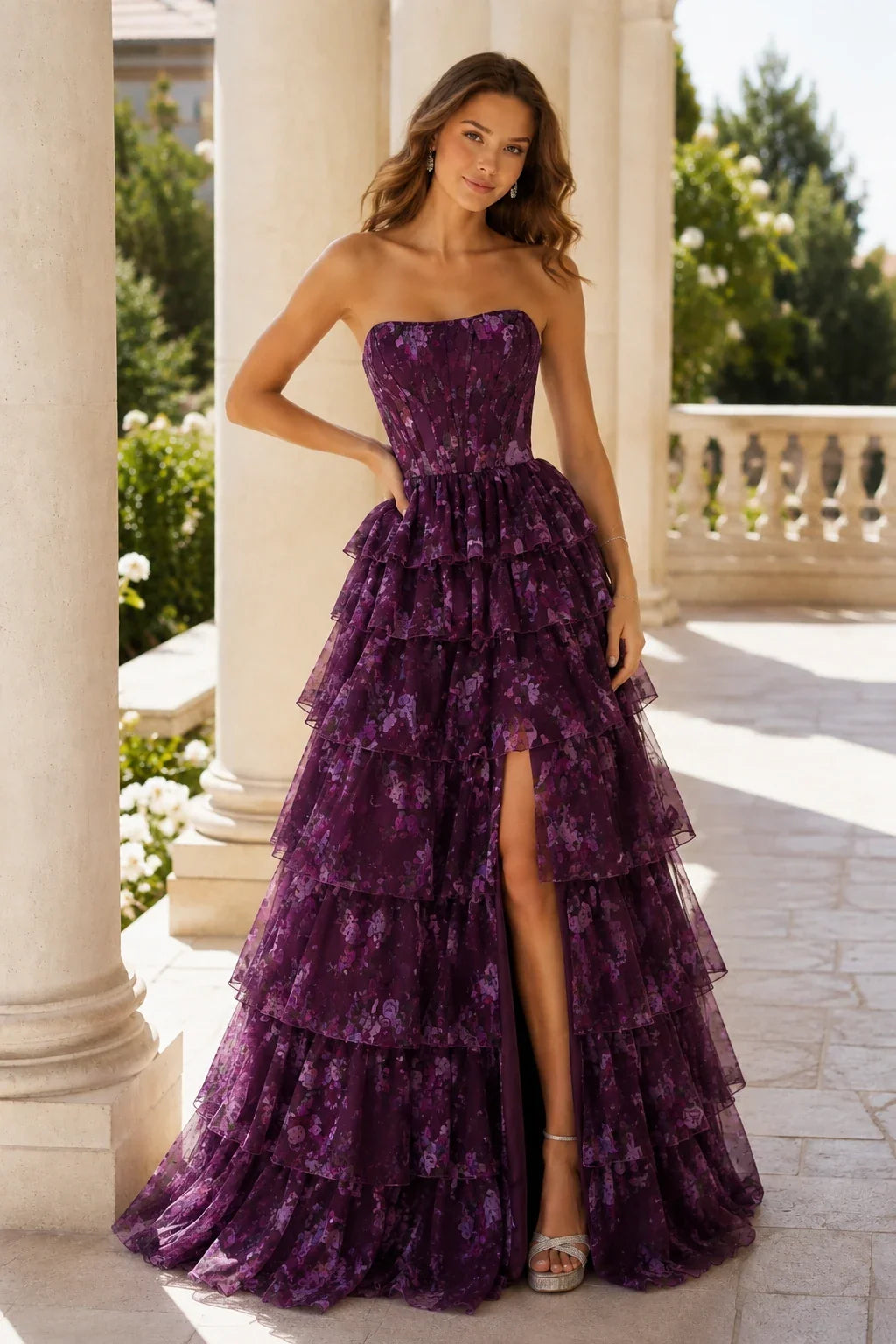Alessandra Strapless Tiered Ruffle Prom Dress with Slit