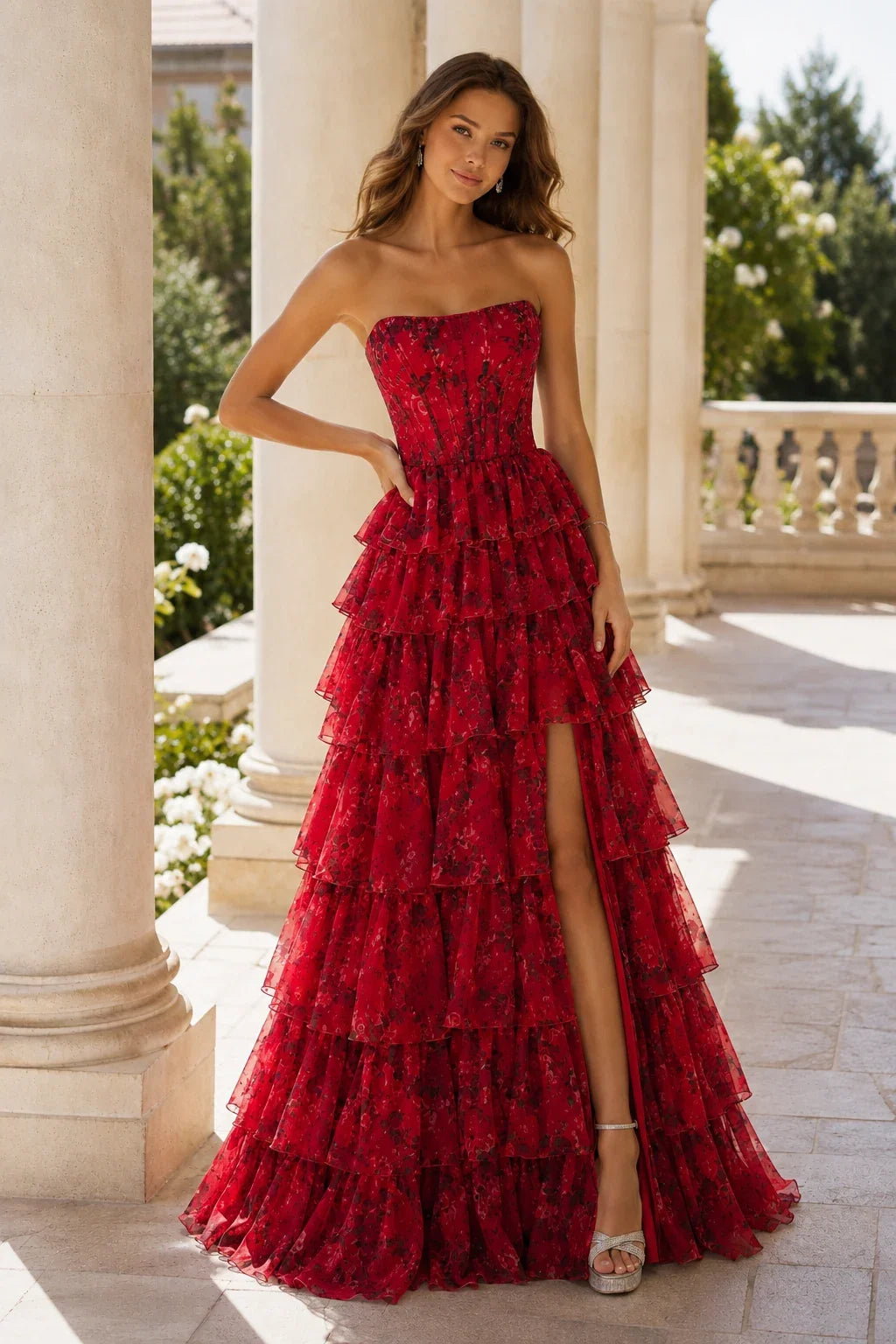 Alessandra Strapless Tiered Ruffle Prom Dress with Slit