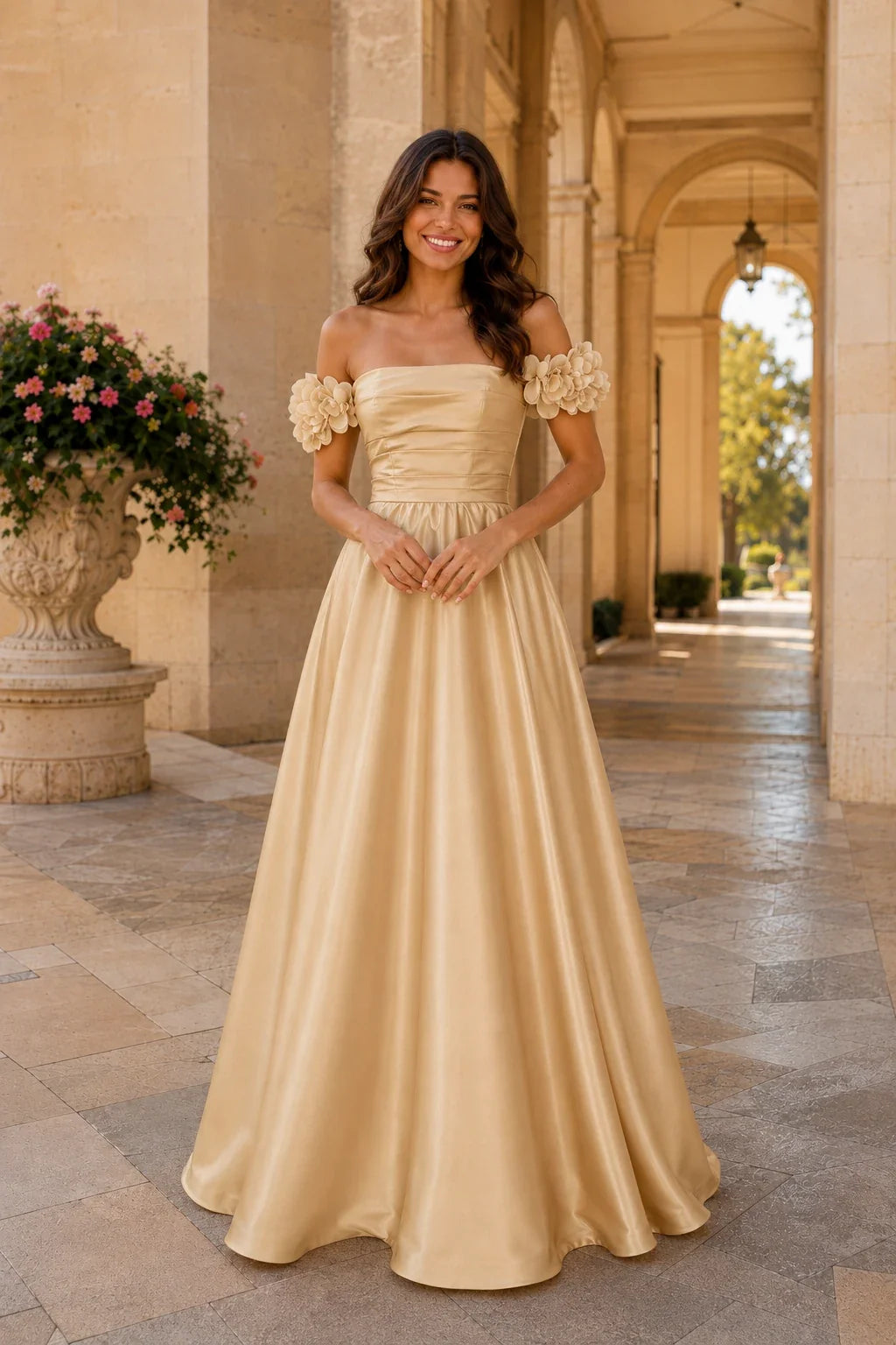 Annalise Off-the-Shoulder Floral A-Line Prom Dress