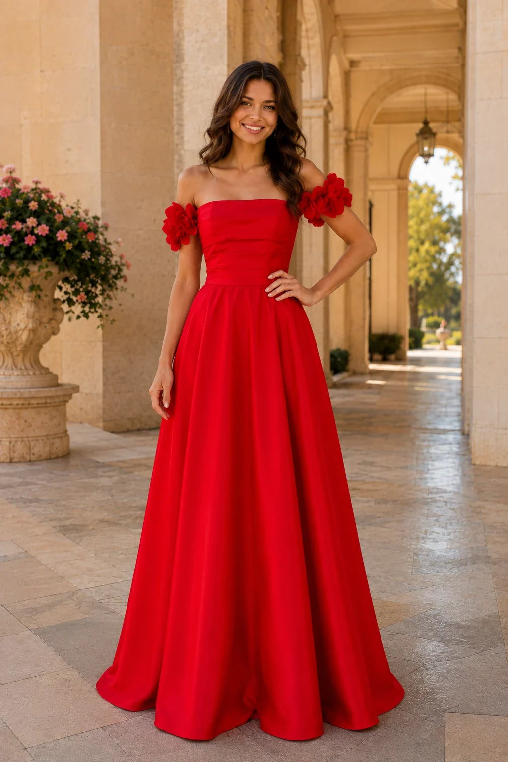 Annalise Off-the-Shoulder Floral A-Line Prom Dress