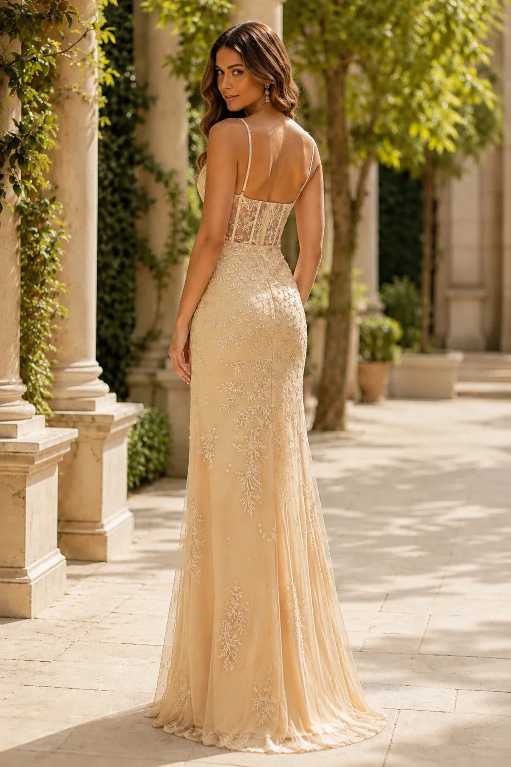 Fiora Beaded Spaghetti-Strap Mermaid Prom Dress with Slit