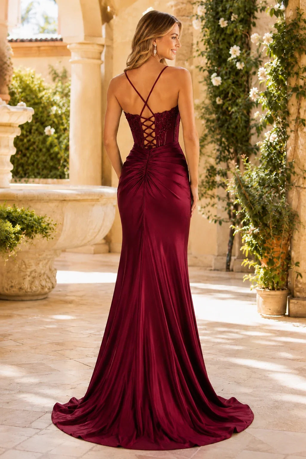 Jorsette Sienna Sequin Corset Satin Slit Prom Dress