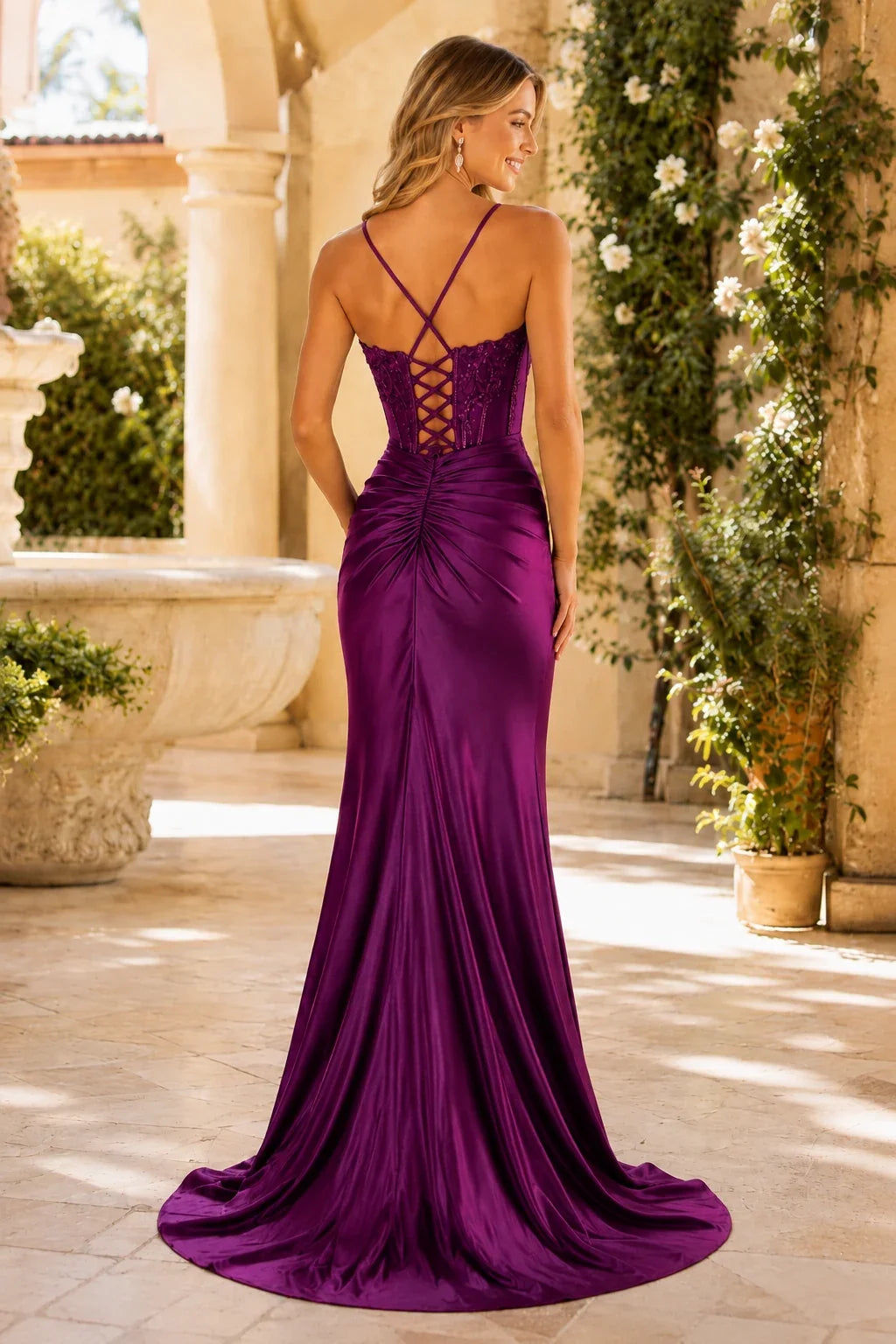 Jorsette Sienna Sequin Corset Satin Slit Prom Dress
