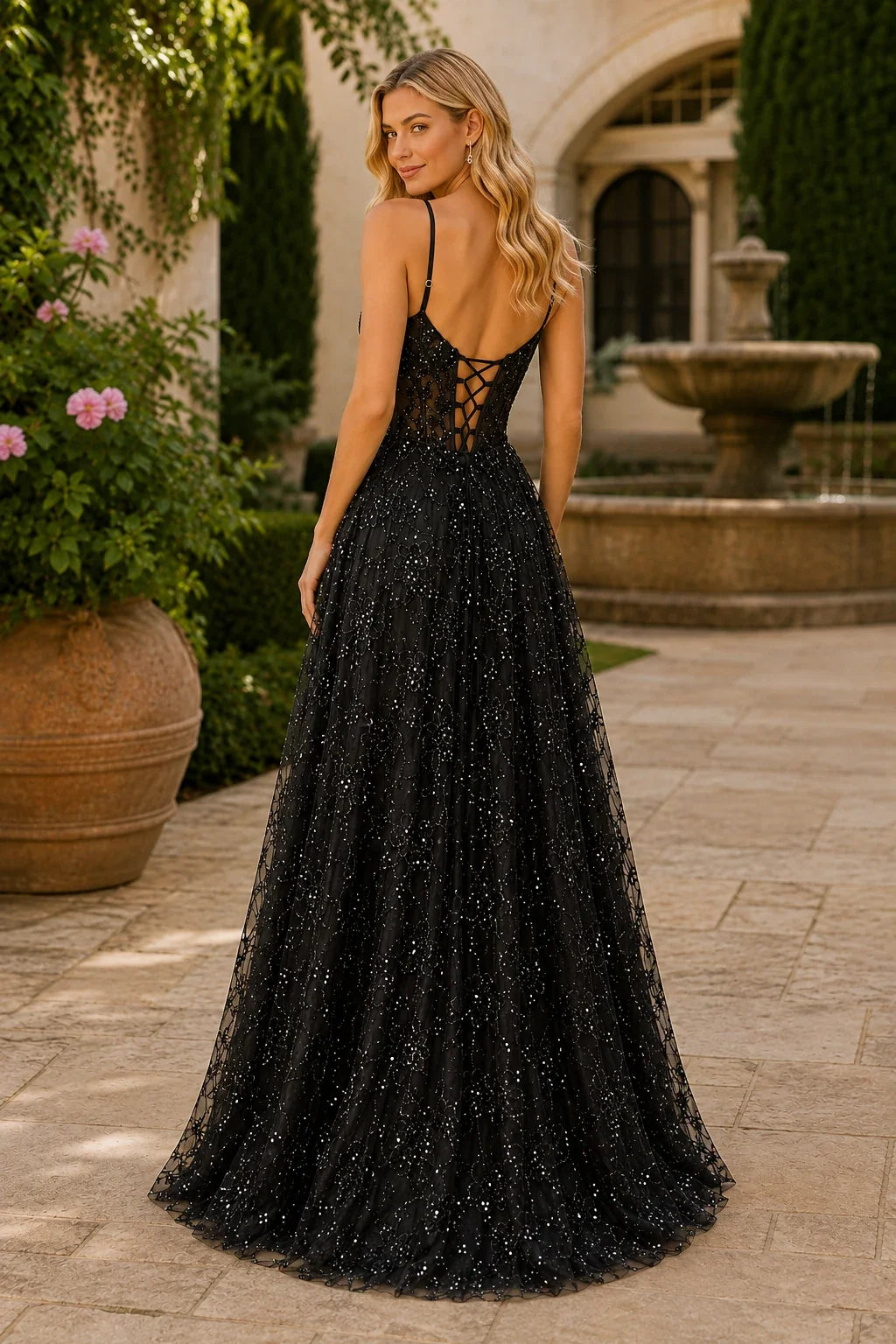 Quenora Sequin Plunge V-Neck A-Line Prom Dress with Slit