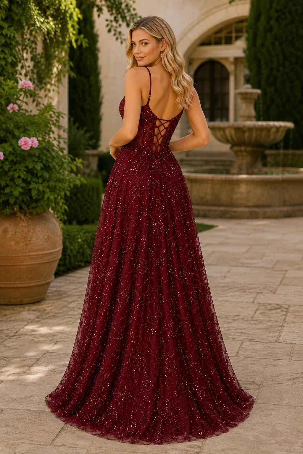 Quenora Sequin Plunge V-Neck A-Line Prom Dress with Slit
