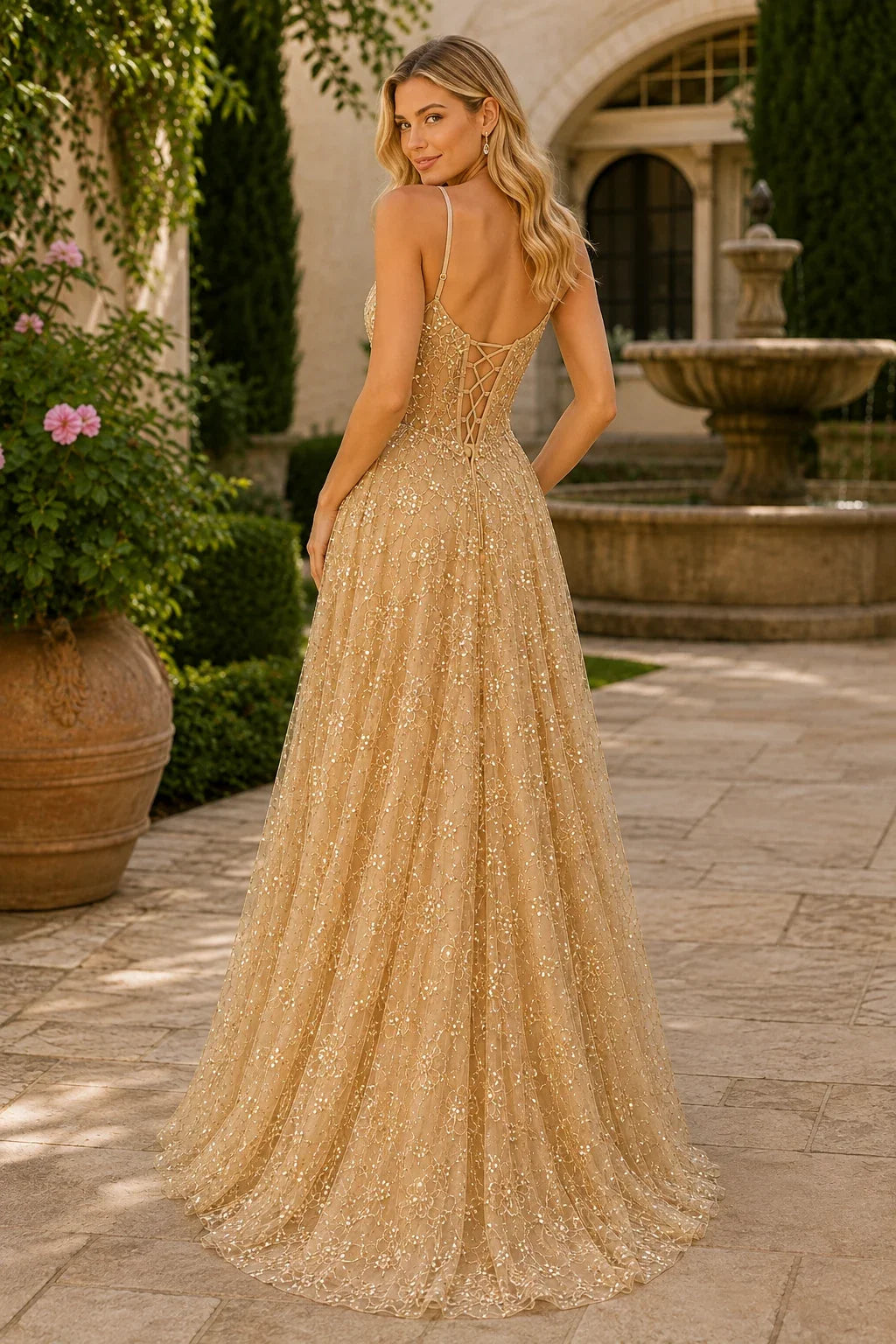 Quenora Sequin Plunge V-Neck A-Line Prom Dress with Slit