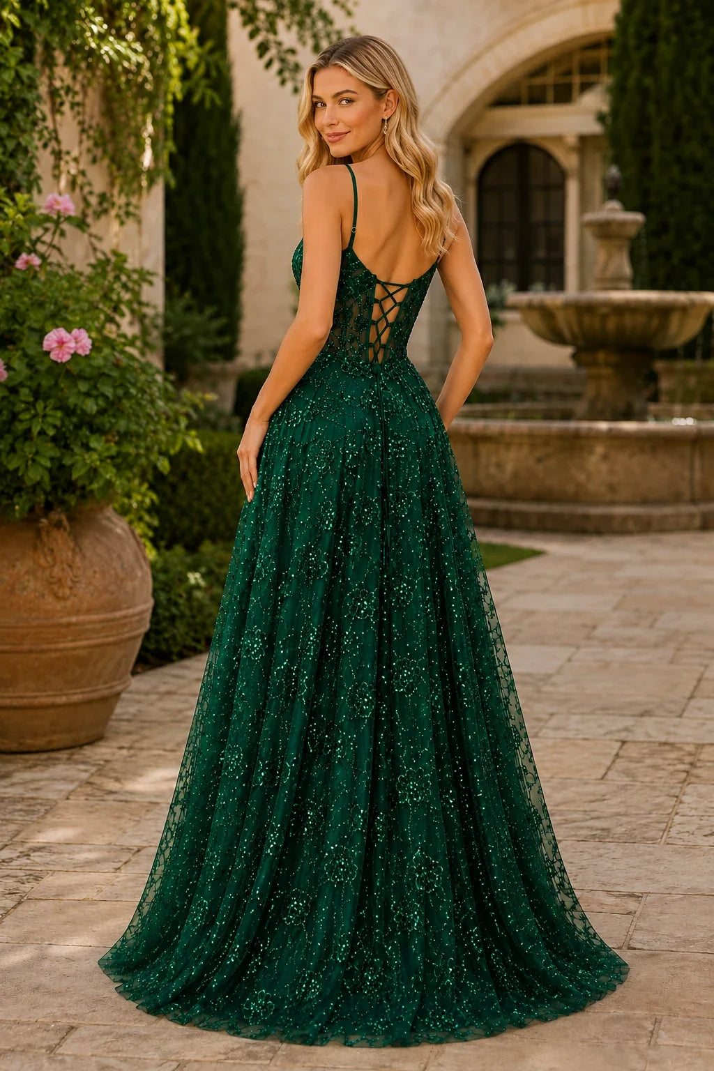 Quenora Sequin Plunge V-Neck A-Line Prom Dress with Slit