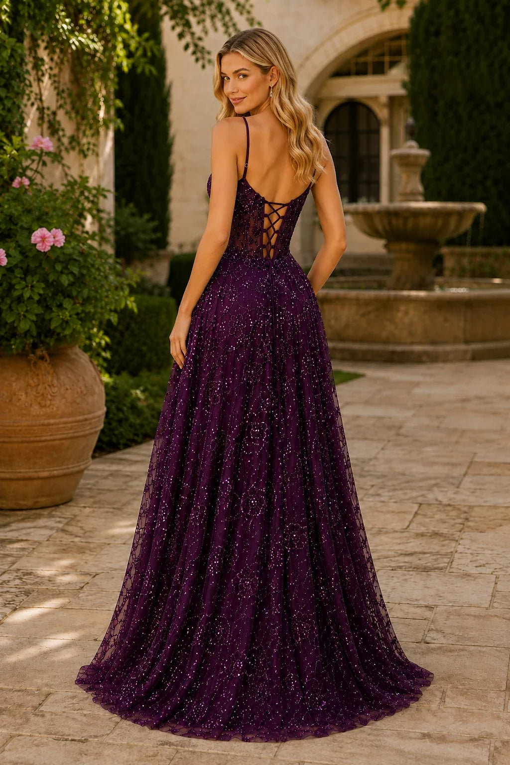 Quenora Sequin Plunge V-Neck A-Line Prom Dress with Slit