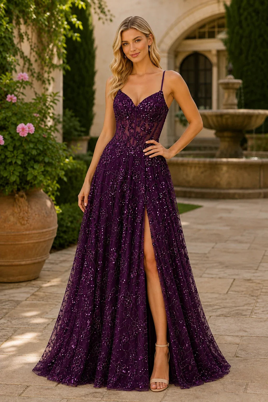 Quenora Sequin Plunge V-Neck A-Line Prom Dress with Slit