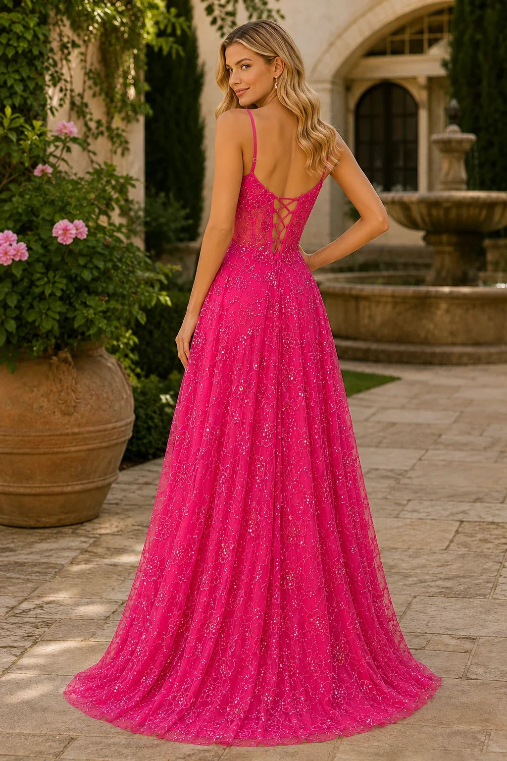 Quenora Sequin Plunge V-Neck A-Line Prom Dress with Slit