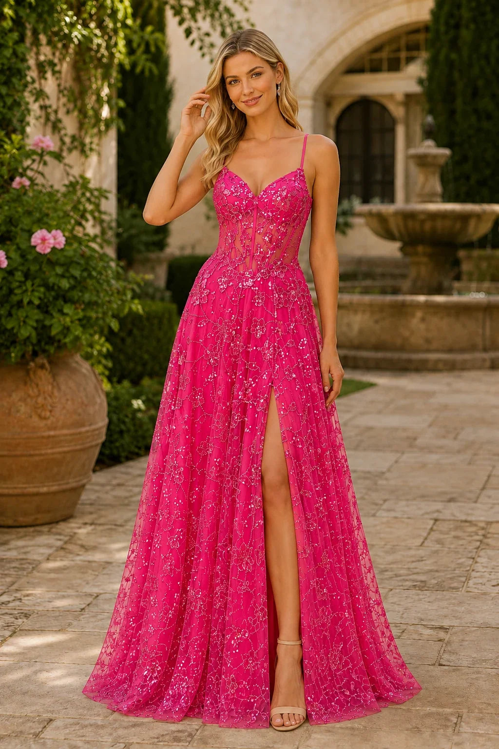 Quenora Sequin Plunge V-Neck A-Line Prom Dress with Slit