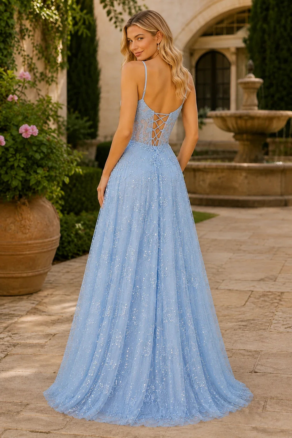 Quenora Sequin Plunge V-Neck A-Line Prom Dress with Slit