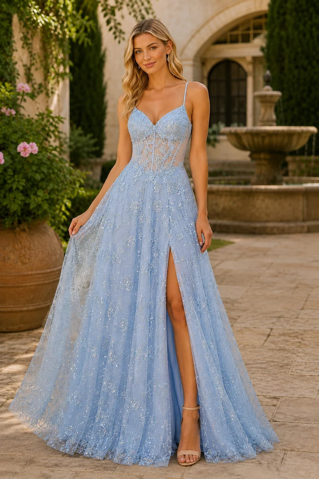 Quenora Sequin Plunge V-Neck A-Line Prom Dress with Slit