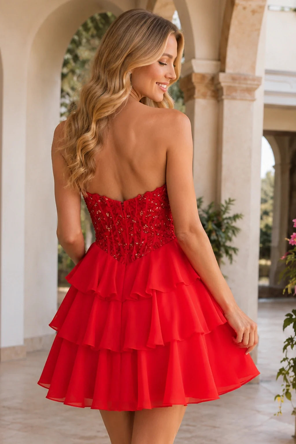 Emery Red Beaded Corset Tiered Ruffle Mini Homecoming Dress