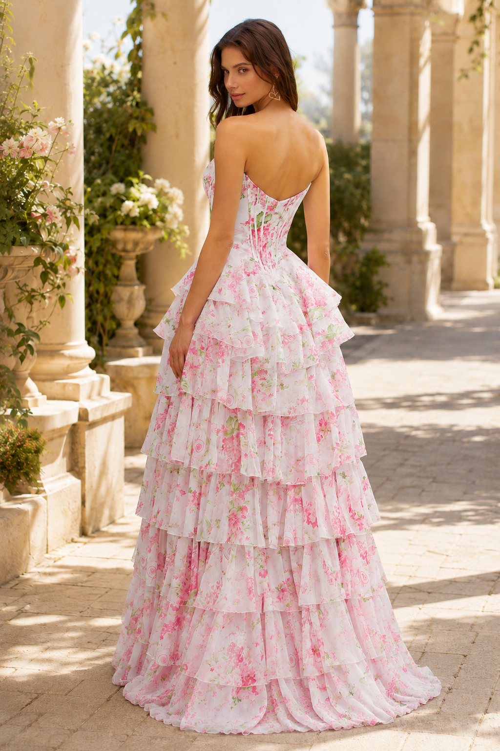 Valentina Strapless Tiered Floral Ball Gown Prom Dress