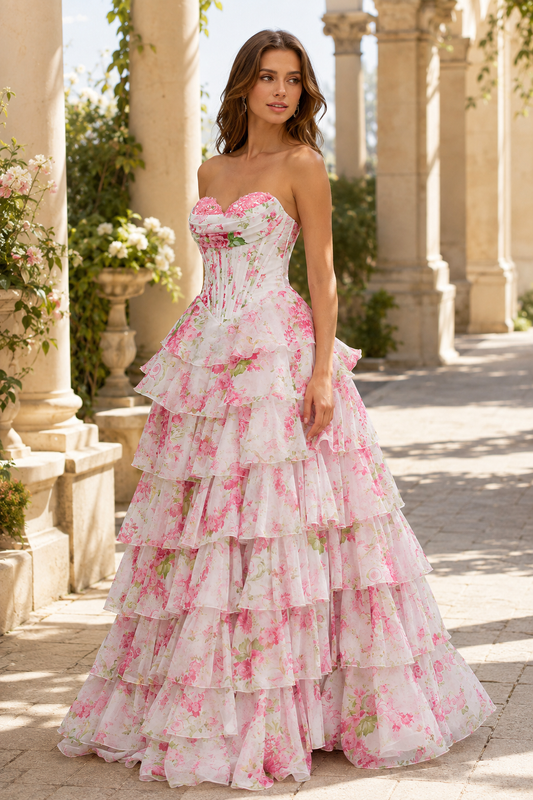 Valentina Strapless Tiered Floral Ball Gown Prom Dress