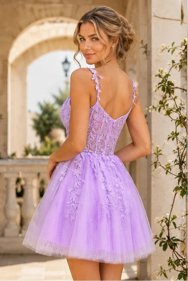 Lavender Spaghetti Strap Lace Corset A-Line Homecoming Dress