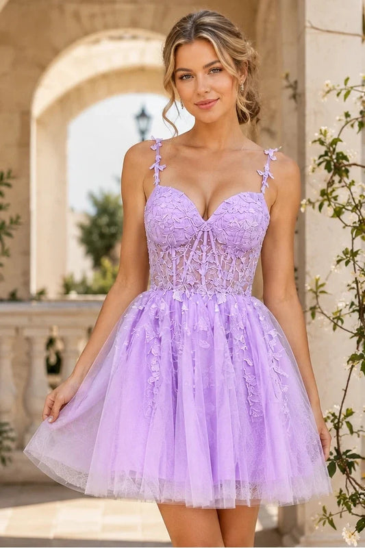 Lavender Spaghetti Strap Lace Corset A-Line Homecoming Dress