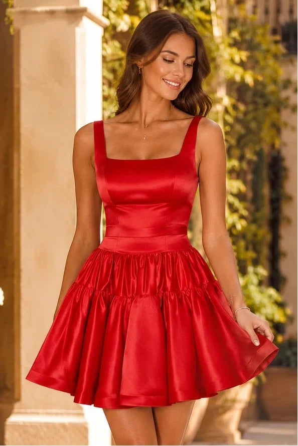 Red Square-Neck Drape-Skirt A-Line Homecoming Dress