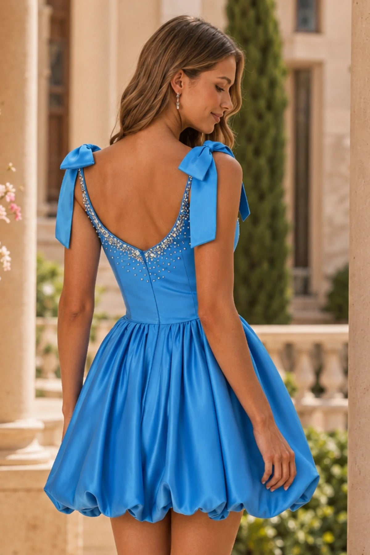 Sky Blue Bow-Strap A-Line Homecoming Dress