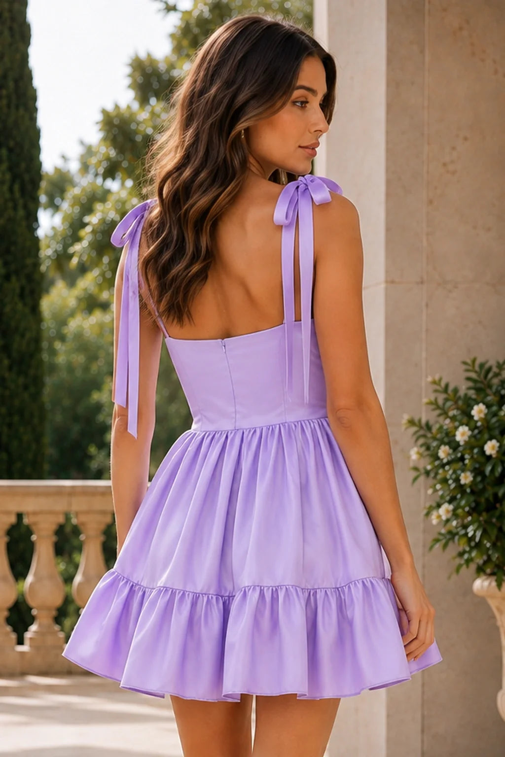 Veda Light Blue Bow-Strap Tiered Mini Homecoming Dress