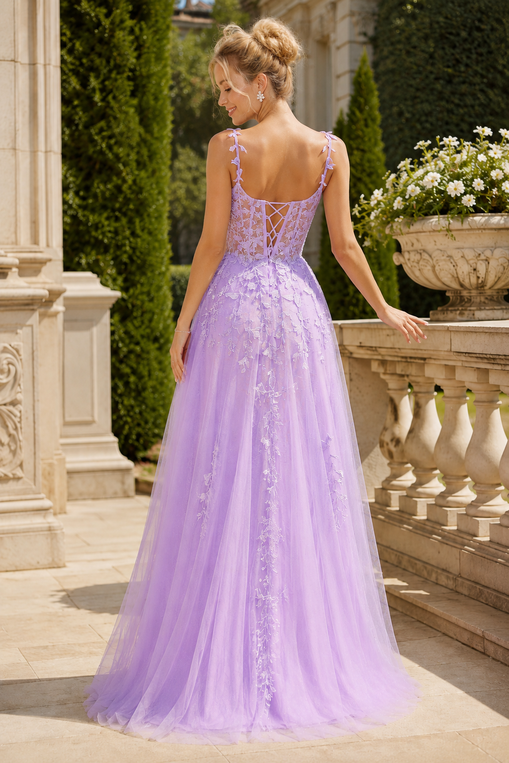 Estnette A Line V Neck Sleeveless Sweep Train Tulle Prom Dress