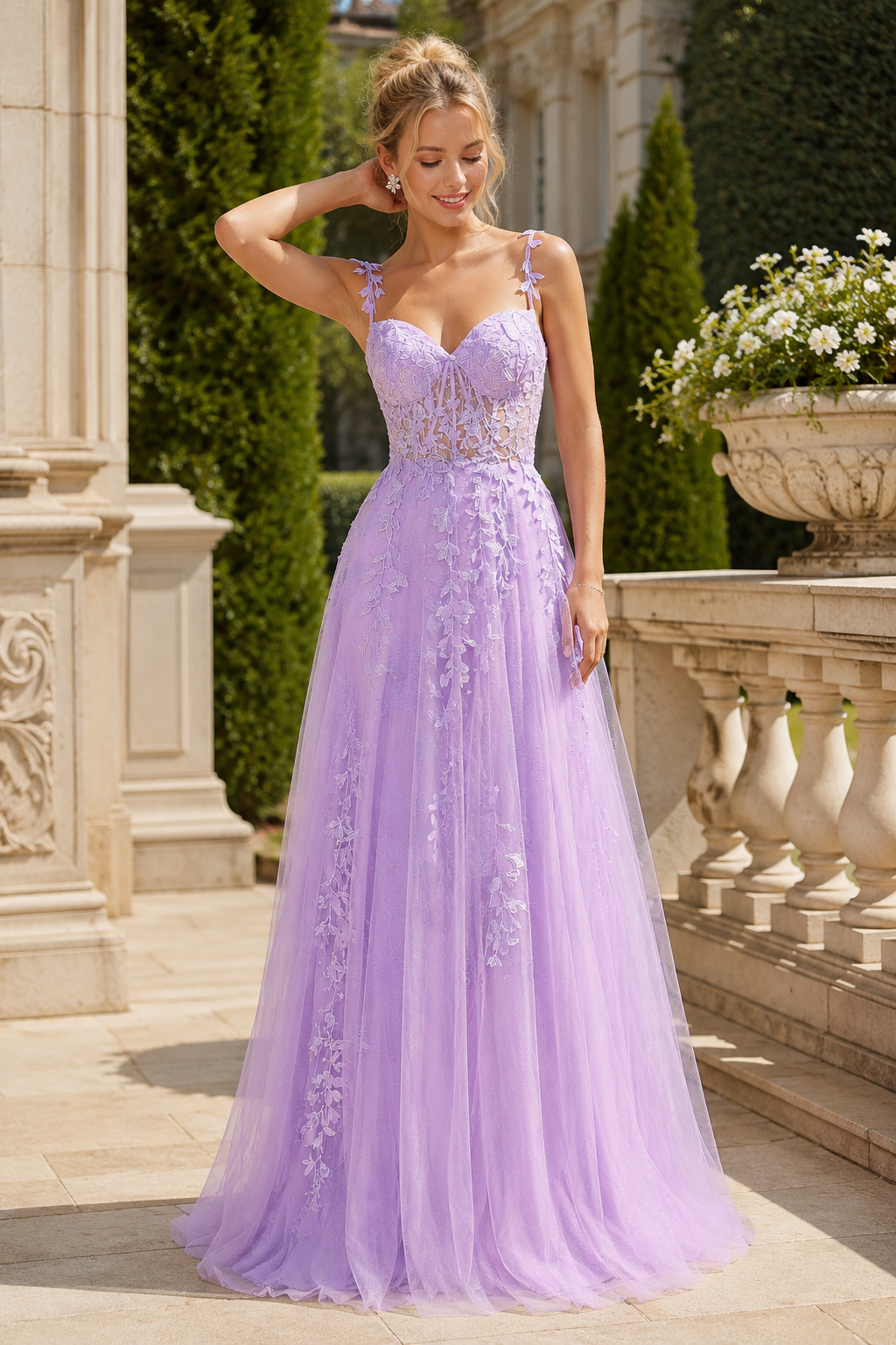 Estnette A Line V Neck Sleeveless Sweep Train Tulle Prom Dress