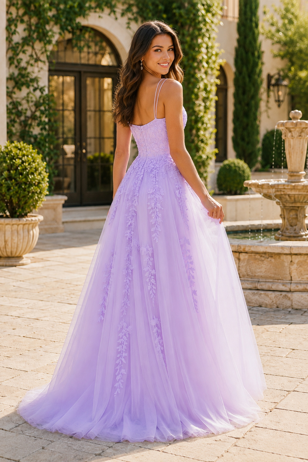 Elovina A Line Square Neckline Sleeveless Sweep Train Tulle Prom Dress- Style