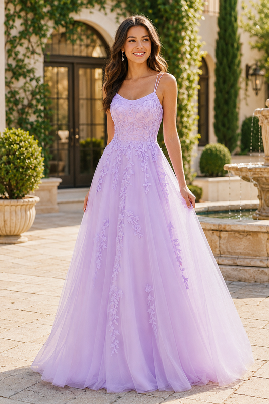 Elovina A Line Square Neckline Sleeveless Sweep Train Tulle Prom Dress- Style