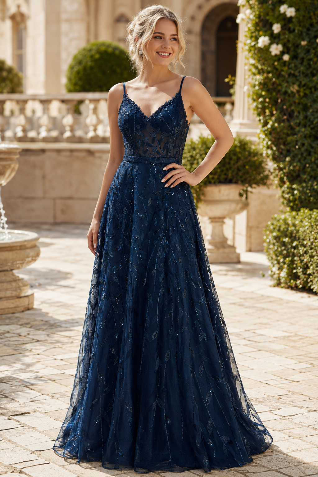 Arisette A Line V Neck Floor Length Tulle Prom Dress- Style