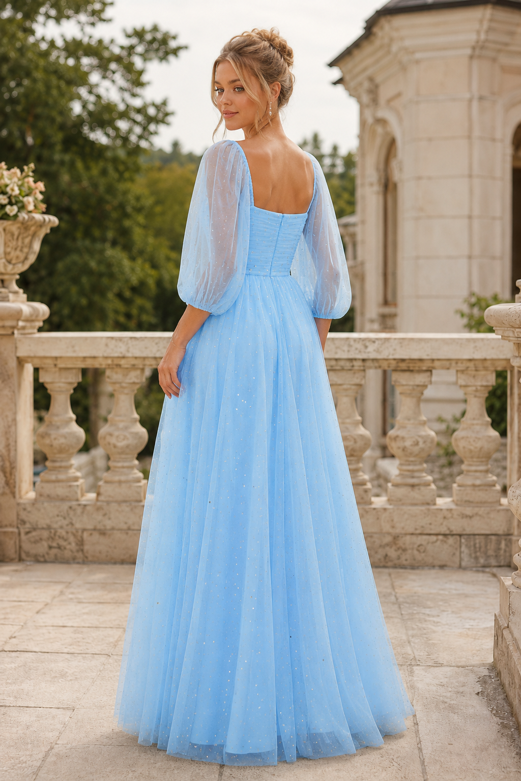 Kalsette A Line Square Neckline 3 4 Sleeve Floor Length Tulle Prom Dress