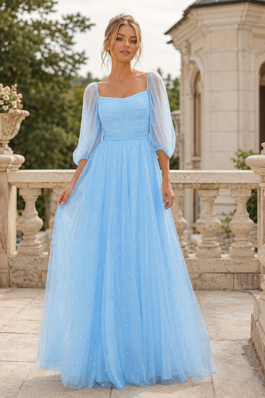 Kalsette A Line Square Neckline 3 4 Sleeve Floor Length Tulle Prom Dress