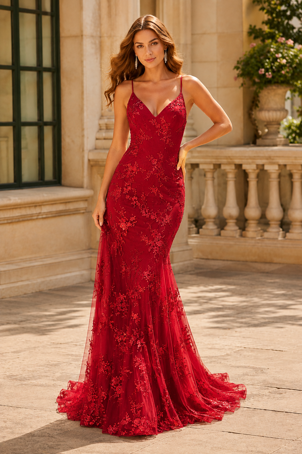 Kalnette Mermaid V Neck Sleeveless Court Train Sequined Prom Dress