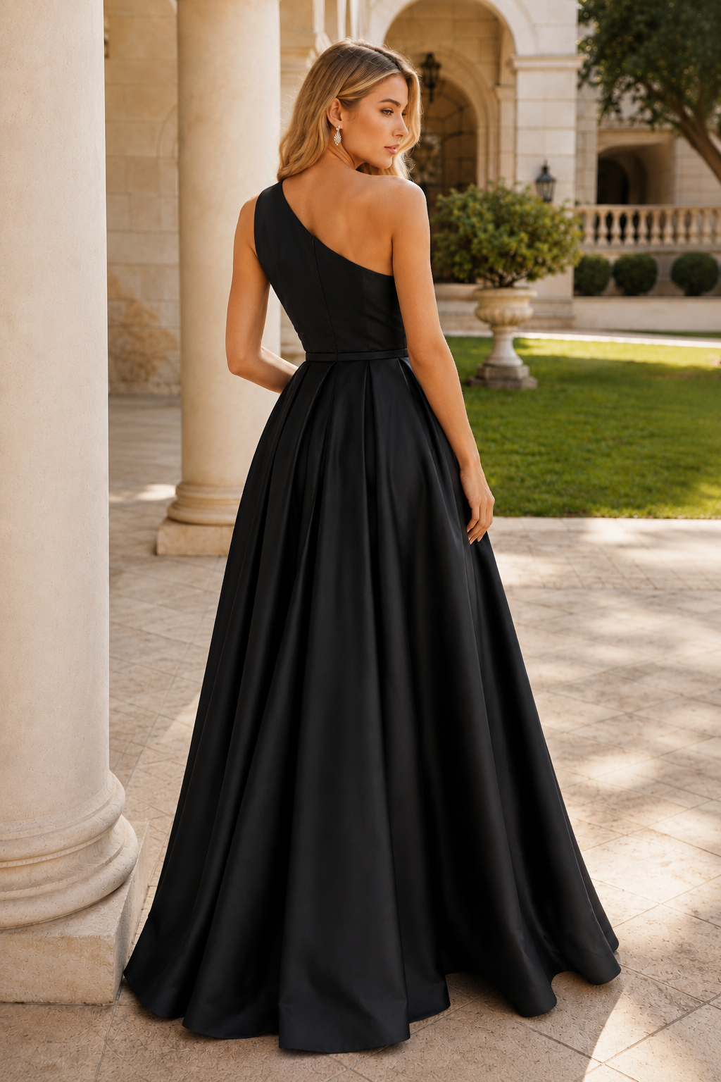 Kaldelle A Line One Shoulder Floor Length Satin Prom Dress- Style
