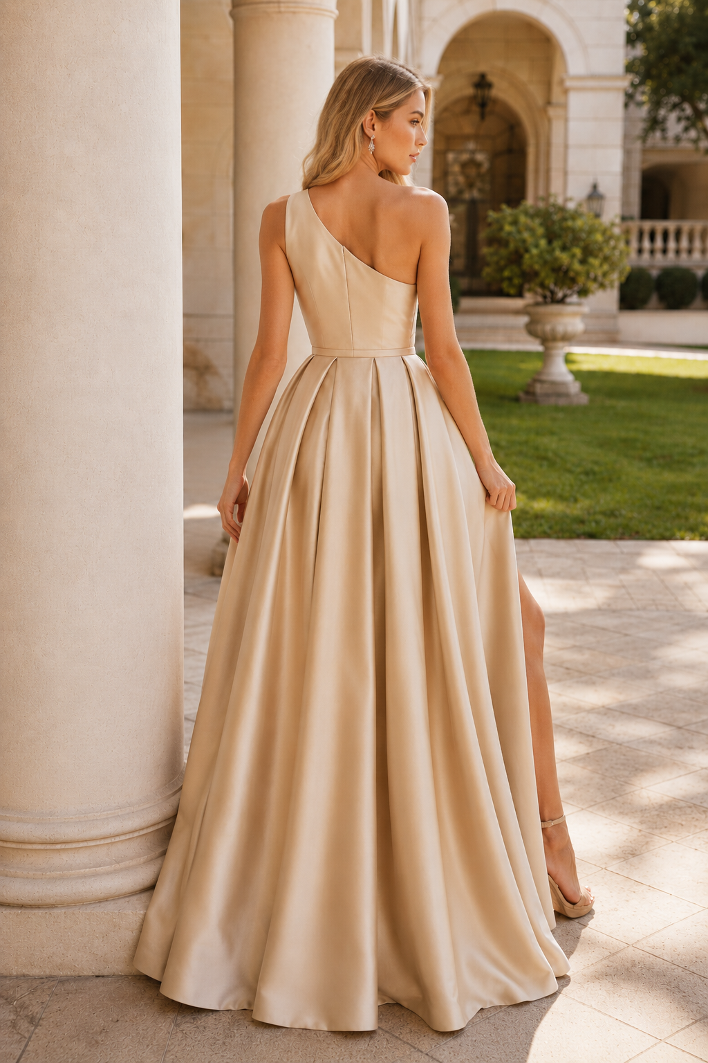 Kaldelle A Line One Shoulder Floor Length Satin Prom Dress- Style